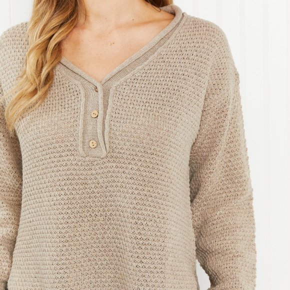 GeeGee Full Size Waffle Knit Henley Sweater - Picture 8 of 8